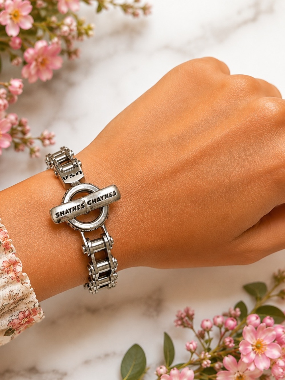 Shaynes Chaynes Silver Tone Bike Chain Link Bracelet SZ 7.5 Industrial Bikerore